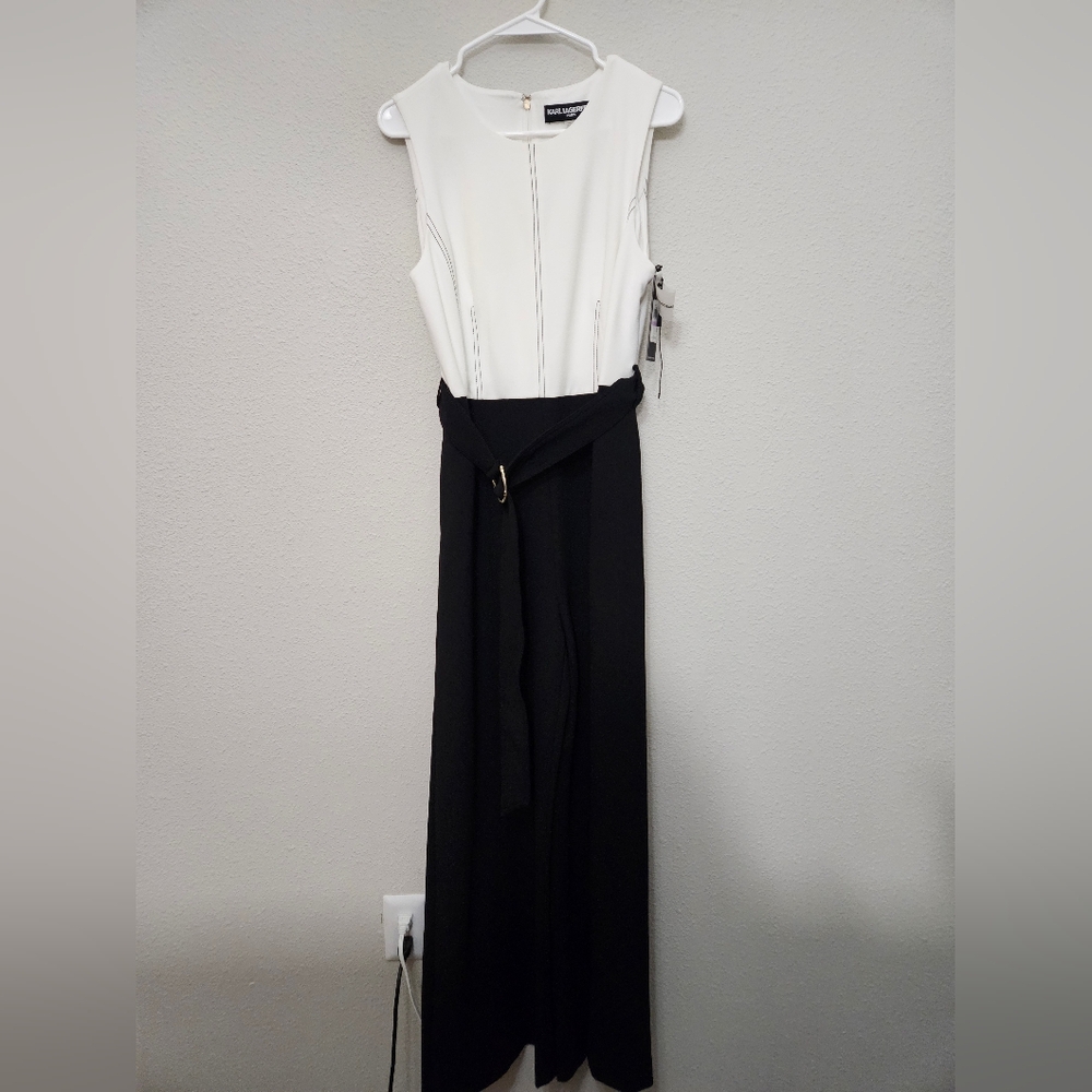 Karl Lagerfeld NWT Jumpsuit Size 6 White Black Belted Wide Leg Sleeveless